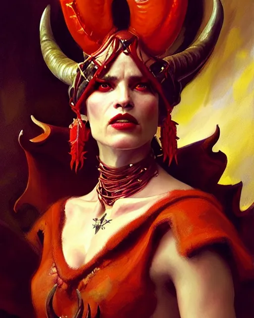 Image similar to painted close - up portrait of an attractive red - skinned intimidating demon queen with ram horns. oil painting, wearing a noblewoman's outfit, fantasy art by greg rutkowski and john singer sargent and gaston bussiere, demon noble character design