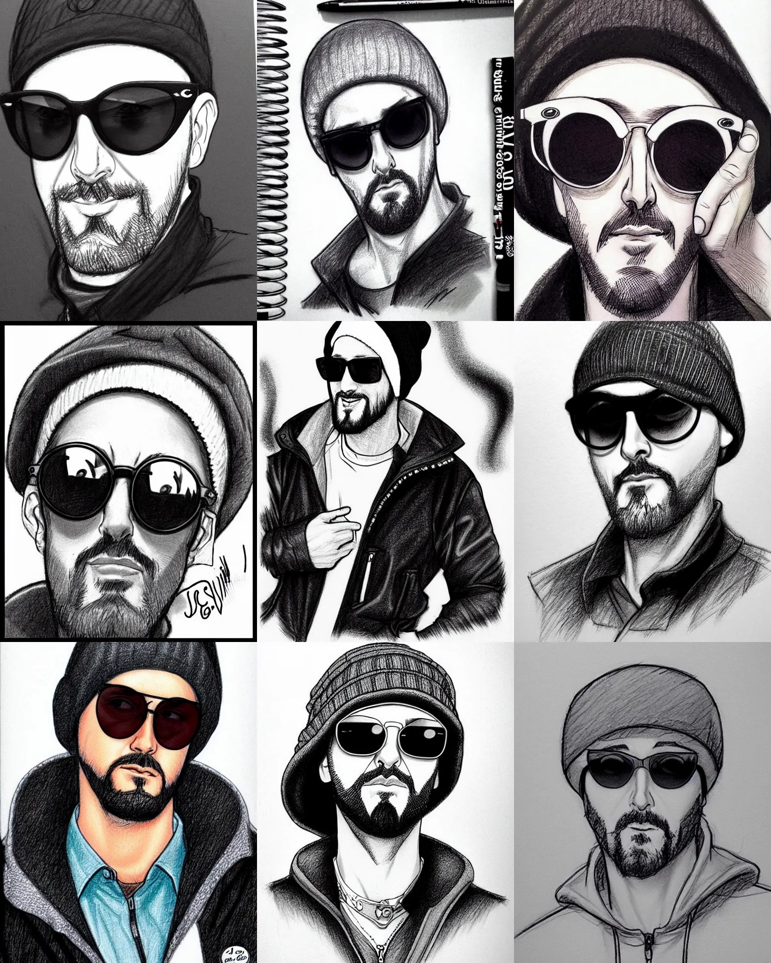 Prompt: small circle!!! round!!!! sunglasses j scott campbell!!! pencil sketch by j scott campbell, jean reno wearing circle!! round!! sunglasses and a beanie cap, wearing long black coat, full body shot, in the style of jim lee