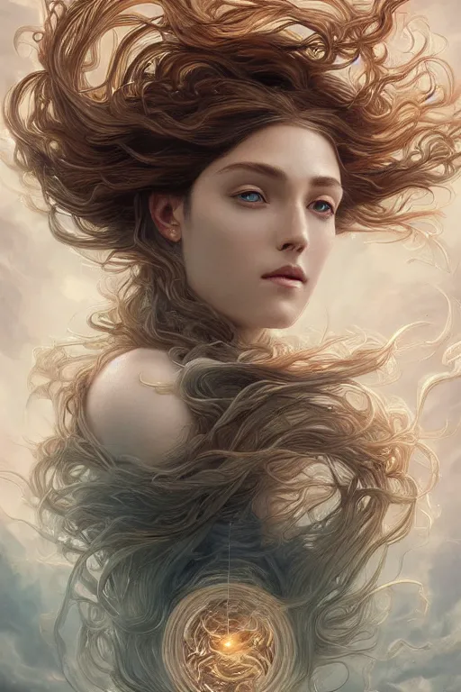 Prompt: wind blowing hair meditation celestial being, dreaming and floating, bust portrait, dnd, fantasy, intricate, elegant, highly detailed, digital painting, artstation, concept art, smooth, sharp focus, illustration, art by artgerm and tom bagshaw and greg rutkowski and alphonse mucha
