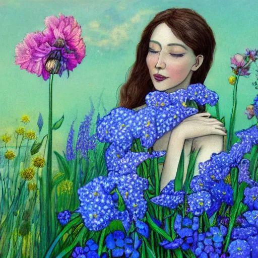 Image similar to a picture of a dreaming woman with flowers grow out of hair, roses peonies forget-me-nots dahlias lupins gladioli, sky theme in background by Elsa Beskow, Digital Art, Trending on artstation