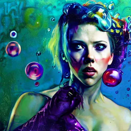 Image similar to drunken scarlett johansson as delirium from sandman, one green eye and one blue eye, ( hallucinating colorful soap bubbles ), by jeremy mann, by sandra chevrier, by dave mckean and richard avedon and maciej kuciara, 8 0's, punk rock, tank girl, high detailed, 8 k
