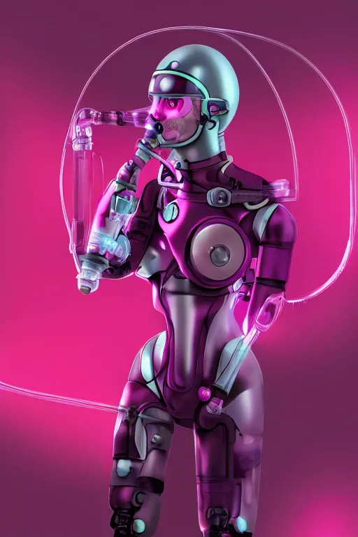 Image similar to Pink Vapor Inhalation Cyborg in a Medical Laboratory Connected to a Spherical Bottle of Pink Liquid by a Tube, Pink Vapor Leaking from an Oxygen Mask, fantasy, magic, ultra detailed, digital art, trending on artstation, illustration, robotic, mechanical