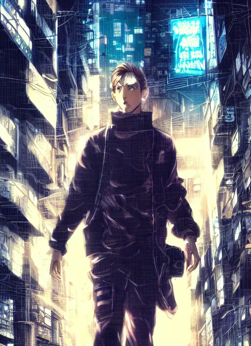 Image similar to manga cover, ryan gosling, techwear fashion, intricate cyberpunk city, emotional lighting, character illustration by tatsuki fujimoto