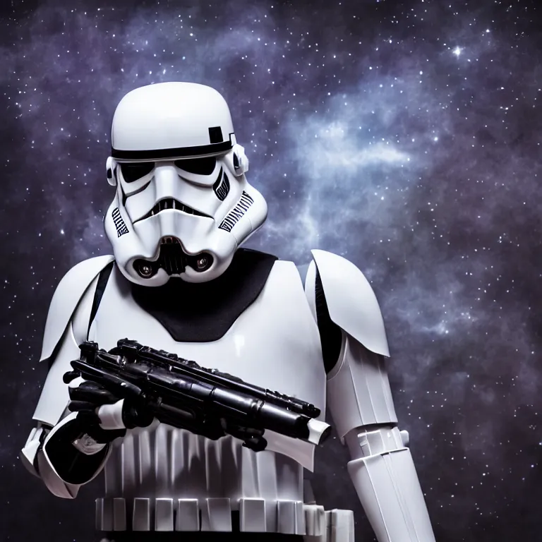 Image similar to stormtrooper darth vader hybrid from star wars, high quality portrait photoshoot, bokeh, studio lighting, high fashion photoshoot, nebula space background, 8 k