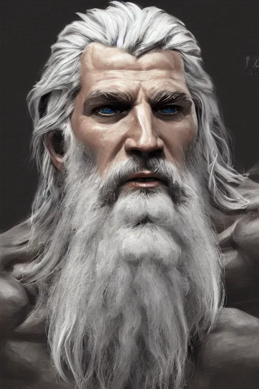 Prompt: painted portrait of rugged zeus, god of thunder, greek god, white hair, masculine, mature, handsome, upper body, muscular, hairy chest, fantasy, intricate, elegant, highly detailed, digital painting, artstation, concept art, smooth, sharp focus, illustration, art by gaston bussiere and craig mullins