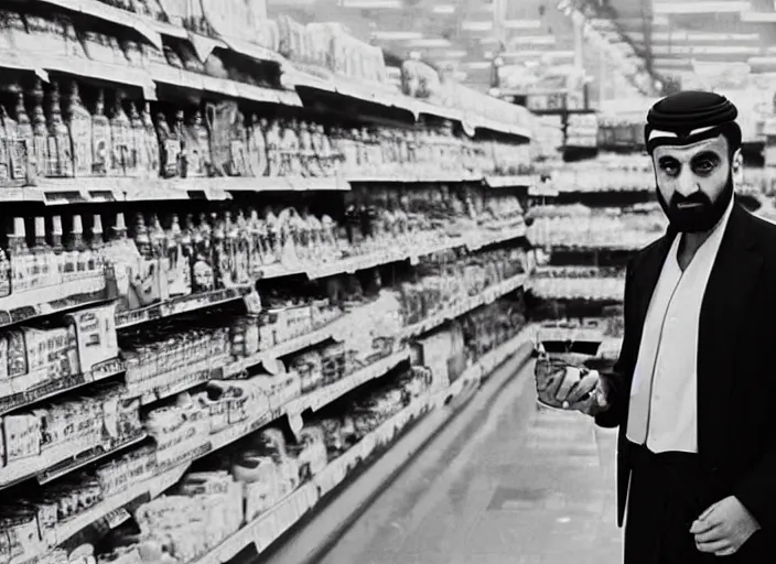 Image similar to an Arab man in traditional dress standing in a supermarket aisle and holding a black helium balloon on a string while starring directly at the camera menacingly, directed by Stanley Kubrick, 4k, high definition cinematography