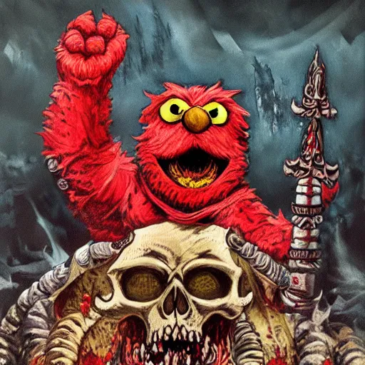 Prompt: Warhammer fantasy painting of Elmo sitting on the Skull Throne surrounded by a lake of blood.