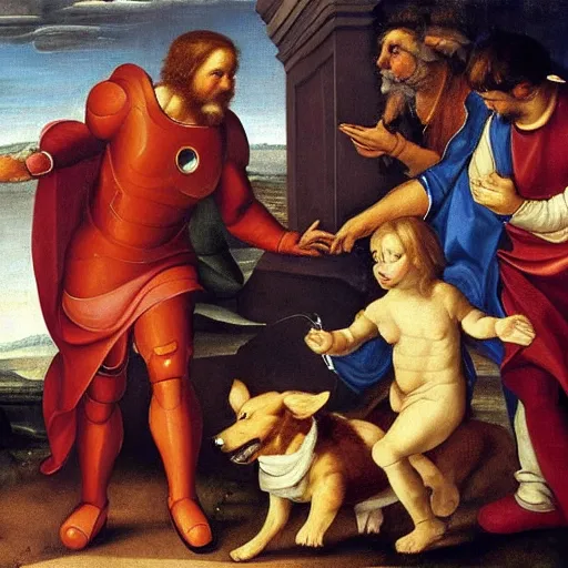 Prompt: renaissance painting of an anthropomorphic dog wearing an iron man suit