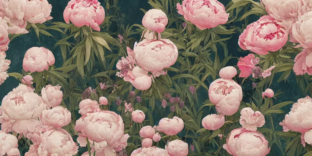 Image similar to breathtaking detailed concept art painting blend of pink short hair goddesses of peonies by hsiao - ron cheng with anxious piercing eyes, vintage illustration pattern with bizarre compositions blend of flowers and fruits and birds by beto val and john james audubon, exquisite detail, extremely moody lighting, 8 k