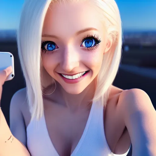 Image similar to beautiful hyperrealism selfie of a cute 3 d anime young woman smiling smugly, long light platinum blonde hair, flushed face, heart - shaped face, cute freckles, light blue eyes, golden hour, 8 k, instagram