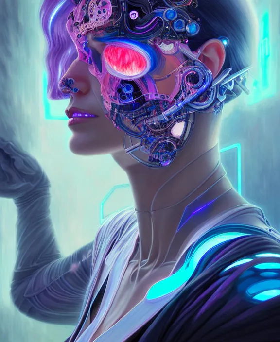 Image similar to a whirlwind of souls rushing inside the metaverse, hologram, half body, neurochip, shaved temple, piercing, jewelry, android, cyborg, cyberpunk face, by loish, d & d, fantasy, intricate, elegant, highly detailed, colorful, digital painting, artstation, concept art, art by artgerm and greg rutkowski and alphonse mucha