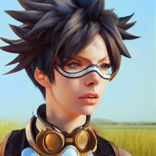 Image similar to oil painting of tracer overwatch in a field wearing spiked collar around neck, in style of greg rutkowski, expressive face, wearing choker, steel collar, steel choker, wearing collar on neck, detailed face, detailed eyes, full body, feminine face, tracer overwatch,