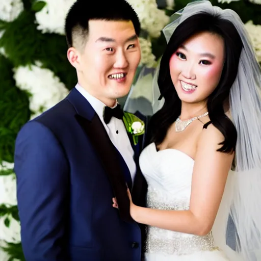 Image similar to cookie monster marrying justin sun, professional wedding photography