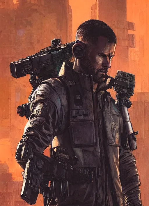 Image similar to cyberpunk military character jitters ( blade runner 2 0 4 9, dystopian, cyberpunk 2 0 7 7 character design ), modern warfare, attractive face. portrait by james gurney and laurie greasley and yoji shinkawa, oil on canvas. cinematic composition, hyper realism, realistic proportions, anatomy, dramatic lighting, photorealistic, high detail, 4 k