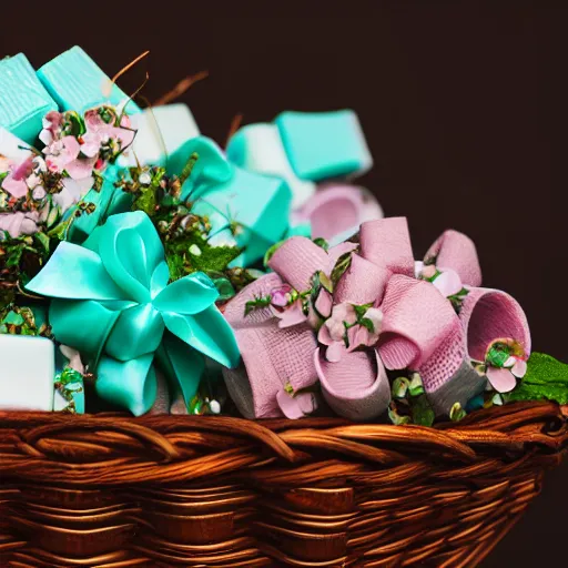 Prompt: beautiful and bright advertising, photography of a package of handmade mint chocolate scented soap blocks, wrapped in dark brown ribbons, sitting in a basket of flowers, studio quality, hdr 8 k photograph