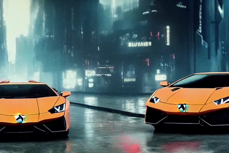 Image similar to A cinematic film still of a Lamborghini in the movie Blade Runner 2049.