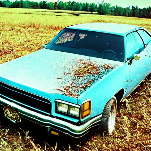Prompt: A photograph of a beater beater beater beater beater abandoned abandoned abandoned 1976 Powder Blue Dodge Aspen in a farm field, photograph taken in 1989
