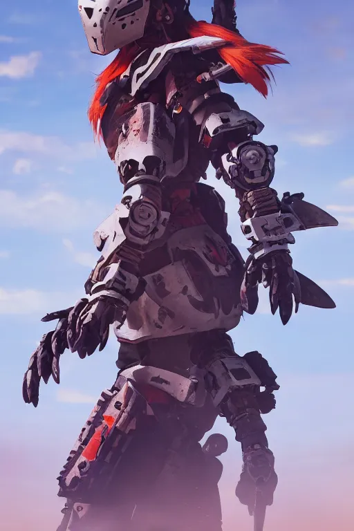 Image similar to combination suit armor aloy horizon forbidden west horizon zero dawn robot ninja mask helmet backpack tribal, aesthetic octane render, 8 k hd resolution, by ilya kuvshinov and cushart krentz and gilleard james radiating a glowing aura cgi rtx 2 0 2 2