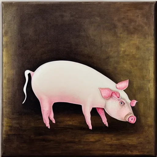 Prompt: “pig paintings and pig sculptures in a pig art gallery, pork, ikebana white flowers, white wax, squashed berries, acrylic and spray paint and oilstick on canvas, by munch and Dali”