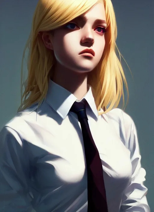 Image similar to ultradetailed beautiful panting of a stylish young woman wearing a shirt with a tie, dramatic, she has blond hair, distressed, volumetric light, by greg rutkowski, ilya kuvshinov, james jean, makoto shinkai, on artstation