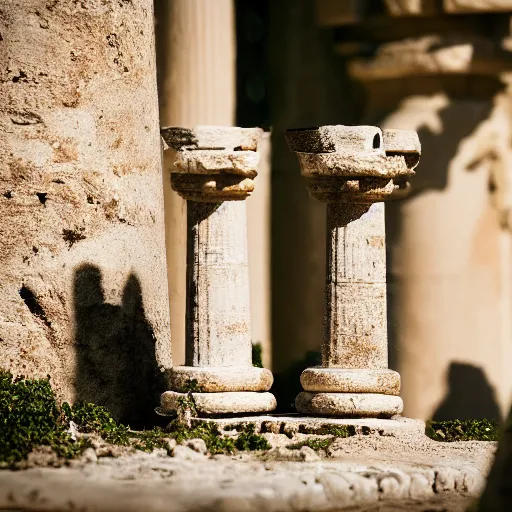 Image similar to a cinematic film still of a claymation stop motion film starring cute caracal, big wooden barrel, ancient greek city, marble temple columns, olive trees, shallow depth of field, 8 0 mm, f 1. 8