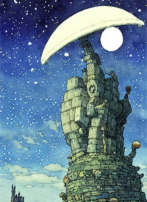 Image similar to hyperrealist studio ghibli watercolor fantasy concept art of a giant ufo from howl's moving castle sitting on stonehenge like a stool. it is a misty starry night. by rebecca guay, michael kaluta, charles vess