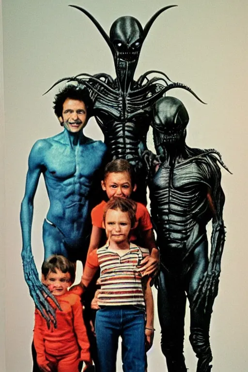 Image similar to alien monster mutant family photo, 1 9 8 0 s, olan mills studio, xenomorph, creepy, scary, nightmare, color