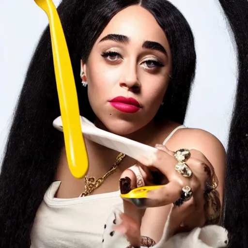 Image similar to Photo of Doja Cat holding a spoon in her hand, hyperrealistic