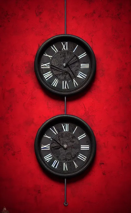 Image similar to a melting Roman numeral clock, behind a red and black gradient background, dynamic lighting, photorealistic fantasy concept art, trending on art station, stunning visuals, cinematic, creative, ultra detailed