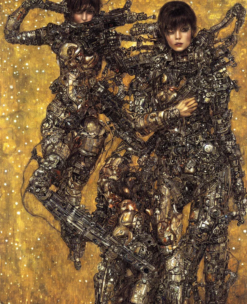 Image similar to cybernetic female supersoldier armed with laser rifle battling demon, intricate detail, klimt, royo, whealan,