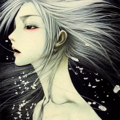 Image similar to Yoshitaka Amano realistic illustration of an anime girl with white hair and cracks on her face wearing dress suit with tie fluttering in the wind, abstract black and white patterns on the background, noisy film grain effect, highly detailed, Renaissance oil painting, weird portrait angle