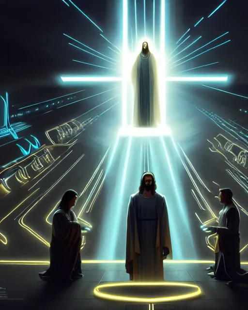 Prompt: tron legacy jesus performing miracles for a crowd, face, diffuse lighting, hyper realistic, concept art, intricate, hyper detailed, smooth, sharp focus, illustration, artstation, art by greg rutkowski and james gurney and alphonse mucha