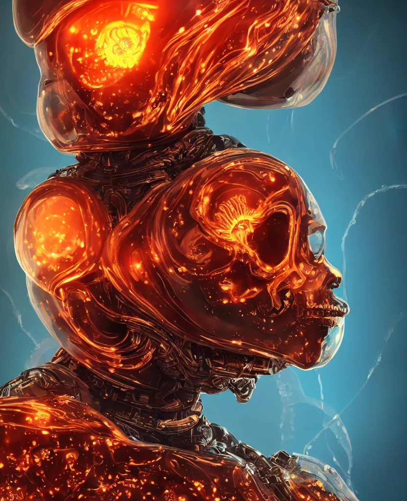 Image similar to close-up macro portrait of the face of a beautiful princess rotten skull in a spaceman suit, epic angle and pose, symmetrical artwork, 3d with depth of field, blurred background, cybernetic jellyfish female face skull phoenix bird, translucent, nautilus, energy flows of water and fire. a highly detailed epic cinematic concept art CG render. made in Maya, Blender and Photoshop, octane render, excellent composition, cinematic dystopian brutalist atmosphere, dynamic dramatic cinematic lighting, aesthetic, very inspirational, arthouse. y Greg Rutkowski, Ilya Kuvshinov, WLOP, Stanley Artgerm Lau, Ruan Jia and Fenghua Zhong