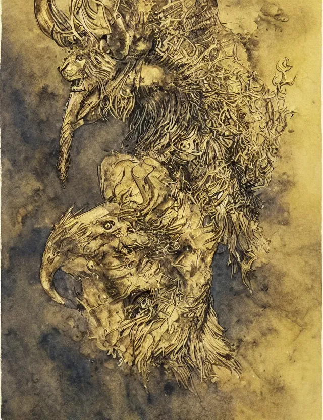 Prompt: animal god of first frost. this ink wash and goldleaf work by the beloved children's book illustrator has interesting color contrasts, plenty of details and impeccable lighting.