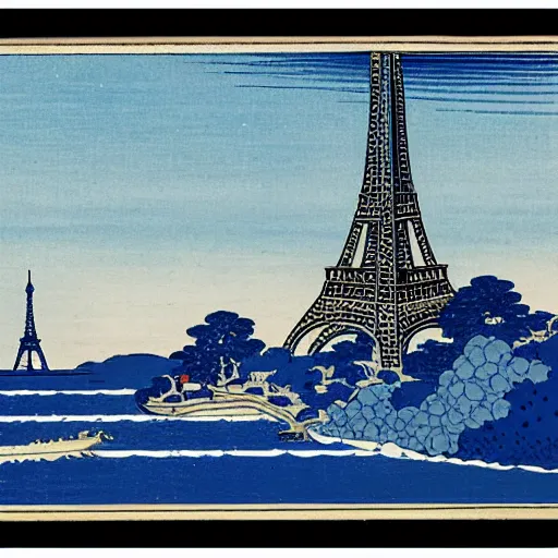 Prompt: Paris with the Eiffel tower with a blue sky in Hokusai style