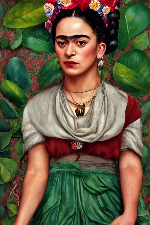 Prompt: camila cabello as frida kahlo, looking down, au naturel, hyper detailed, digital art, trending in artstation, cinematic lighting, studio quality, smooth render, unreal engine 5 rendered, octane rendered, art style by klimt and nixeu and ian sprigger and wlop and krenz cushart