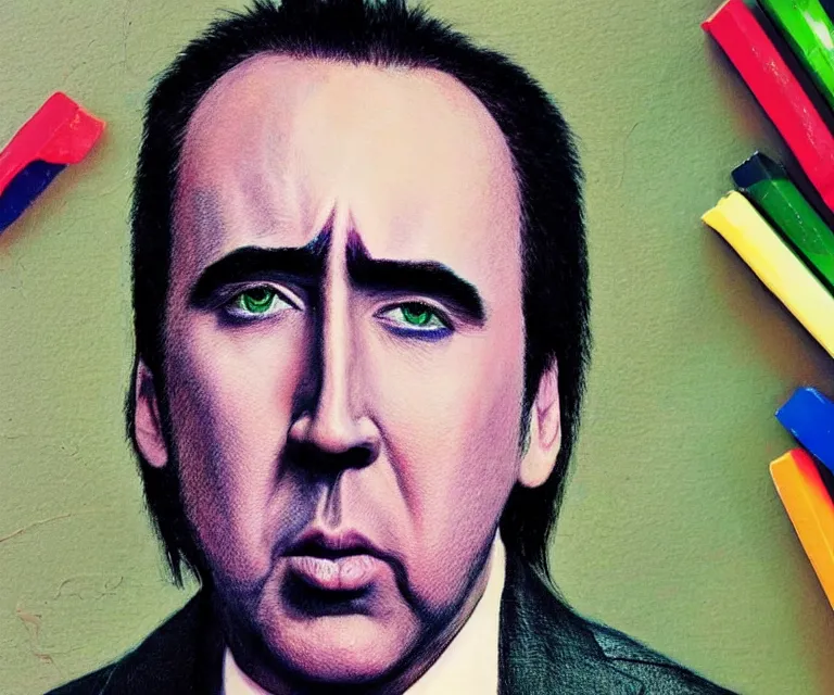 Image similar to “ nicholas cage as sad batman, eating crayons from the box, simple, hyperrealism, photorealistic, 8 k, high def ”