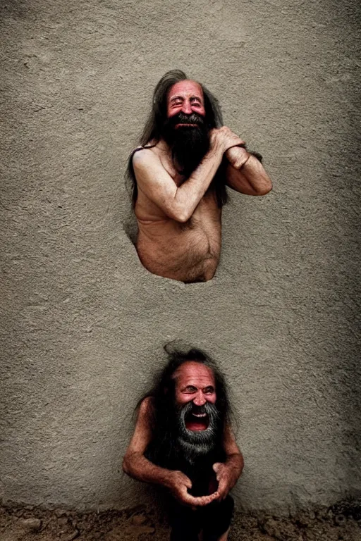 Image similar to a old laughing happy old man with female long hair, long beard, female body, by steve mccurry