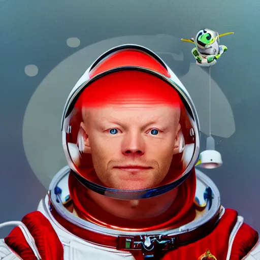 Prompt: portrait photography of neil armstrong with realistic buzz lightyear face in a red communist space suit with communist symbols. symmetry. intricate details. 8 k.