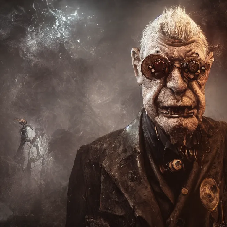 Image similar to a portrait of a steampunk elderly man as a demon on hell, dark, foggy, eerie, splash, sparkle, smoke, particles, octane render, unreal engine, artstation, digital art.