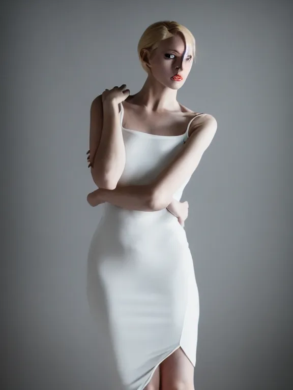 Image similar to photo of gorgeous seductive tall emily skinner cosplaying annie leonhart wearing open toe heels, wearing tight white dress, in a white room, beautiful face, pale skin, rule of thirds, cinematic lighting, sharp focus, backlit, stunning, smooth, hard focus, full body shot, studio photo, shot on sony a 7 iii