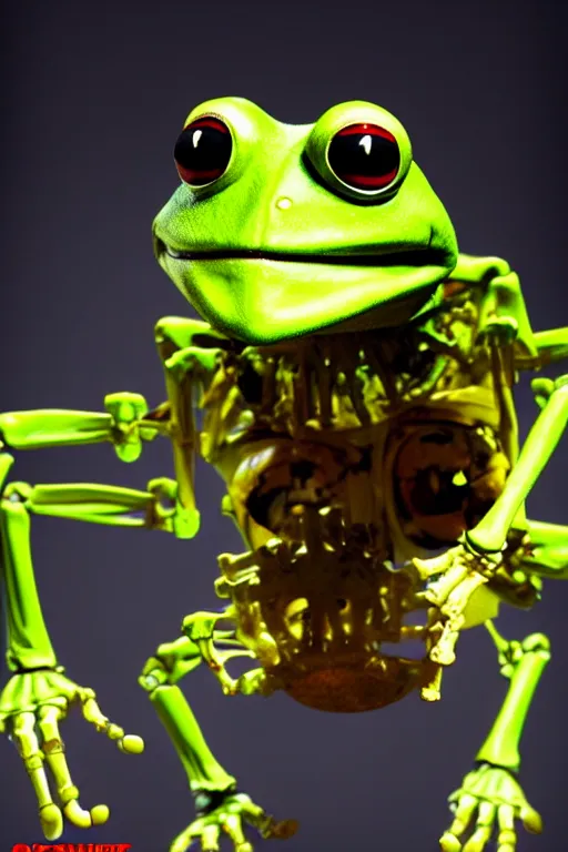 Image similar to movie poster of kermit the terminator, chromatic humanoid skeleton frog skeleton hybrid, robot, ultra realistic, cinematic lighting hd photography,