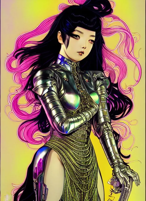 Image similar to highly detailed terada katsuya artgerm artstation shinny fluorescent gradient reflection minaba hideo manga poster of princess mechine, long hair, armor, dress, laces, ruffles, 8 k, maximalist, jump comics, tomer hanuka, alphonse mucha