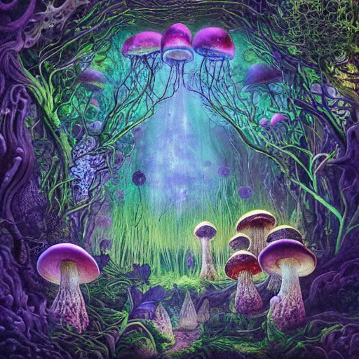 Prompt: psychedelic fantasy forest with glowing mushrooms and eerie trees in the style of Ernst Haeckel and Daniel Merriam, perfect award winning album art