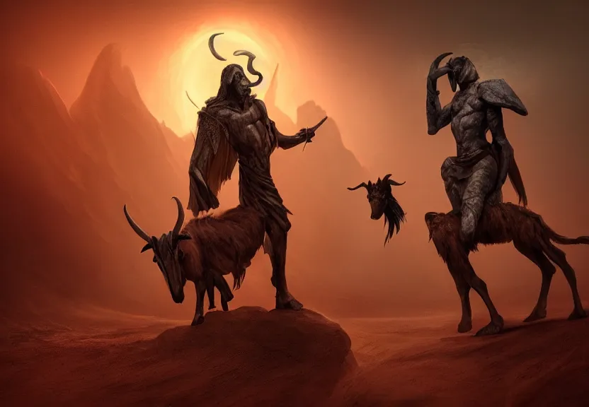 Image similar to angel vs demon, terrific jinn demon in middle of desert with hoof on his feet and goat face with long cloth afraid of beautiful powerful angel, epic angel, wporfull angel, good vs evil, atmosphere, harsh lighting, cinematic lighting,, award wining art, artstation, high details, concept art, 4 k