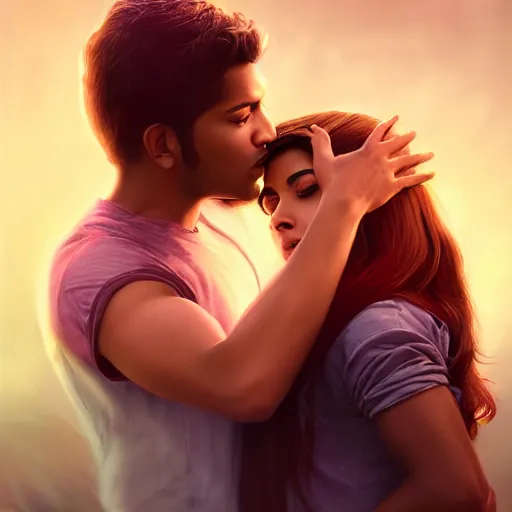 Image similar to theatrical press release ; indian young male and female couple sharing one heart ; stunning digital artwork by artgerm ; cinematic movie pose ; photorealistic, hyperrealistic, dramatic soft rim light ; highly detailed ; face by wlop ; trending on artstation ; cinematography from music video