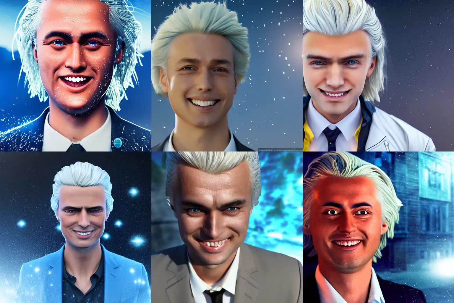 Prompt: Anime Geert Wilders, outdoors lighting, astral background, symmetrical face and body, confident, smile, detailed moisture, detailed droplets, DSLR, ray tracing reflections, eye reflections, focused, unreal engine 5, vfx, post processing, post production, Arcane Style, 8k