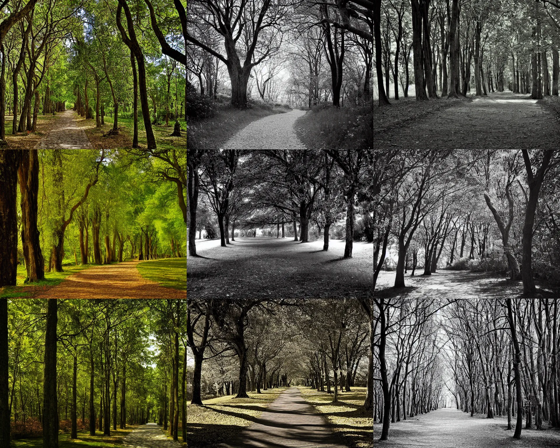 Prompt: award-winning photo of a shaded forest path, style of Emek