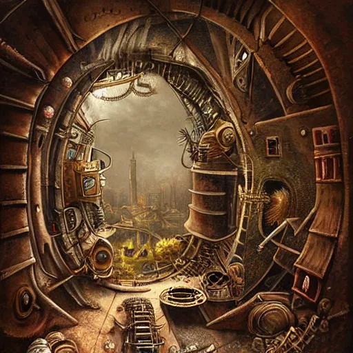 Image similar to surrealist landscape, inside steampunk ant citya, painting, highly detailed