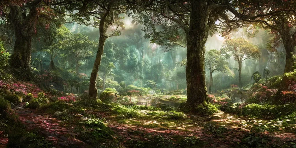 Prompt: the aesthetic view of the beautiful, grand, wistful, dreamy landscape of a hidden forest, hyperrealistic photograph, rainbow colorful, extremely detailed, insanely intricate linework, super sharp focus, dull colors, octopath traveler, unreal engine 5 highly rendered, global illumination, radiant light, detailed and intricate environment